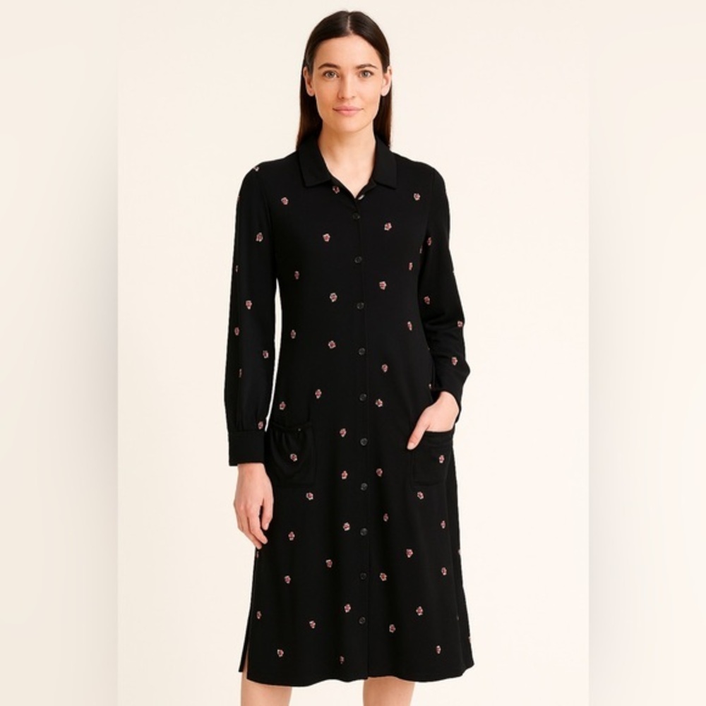 New Agnes b Black Floral Shirt Dress Collared Button Front,Pockets Size 2 Medium